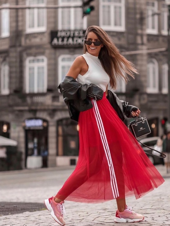 adidas Dresses & Skirts - adidas Red Tulle Maxi Skirt with White Sport Stripes